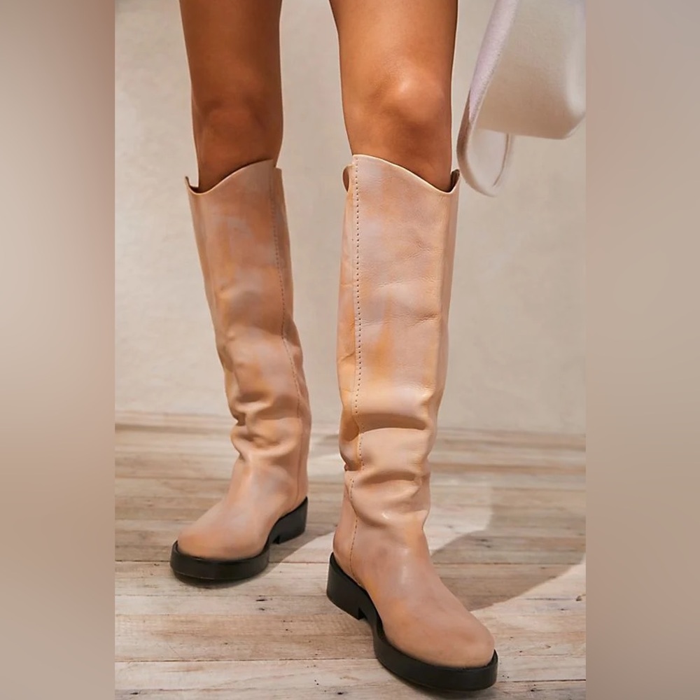 Free People Tall Leather Combat Boots in Beige with Black Soles